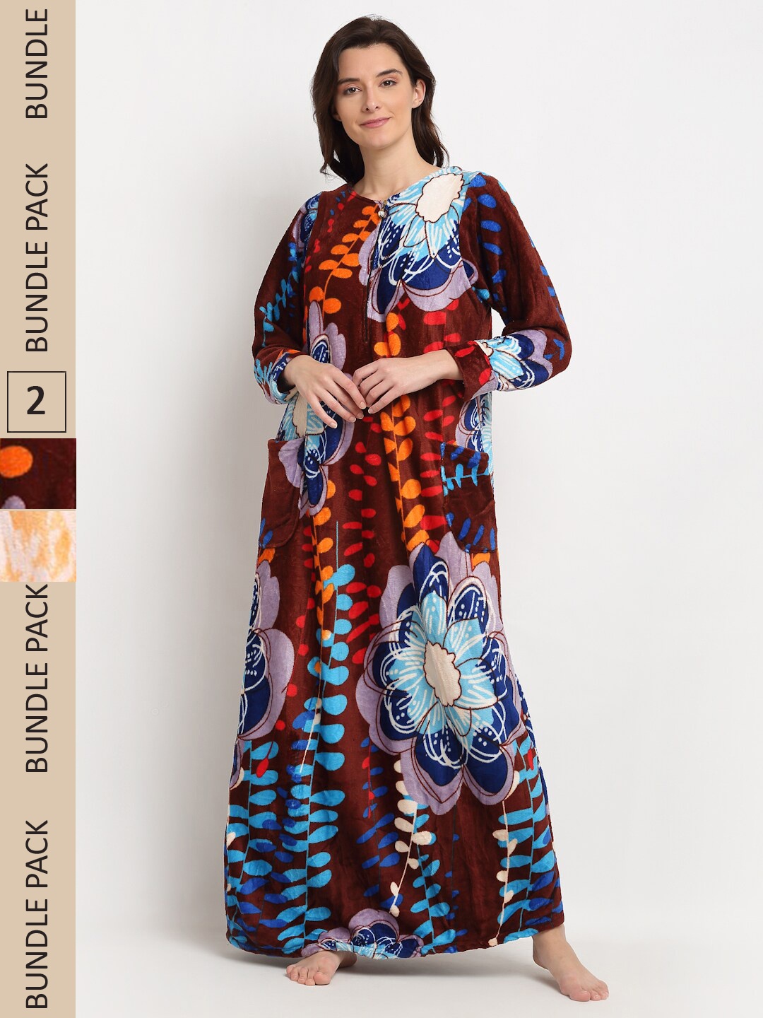 

GRACIT Pack of 2 Printed Fleece Maxi Nightdress, Brown