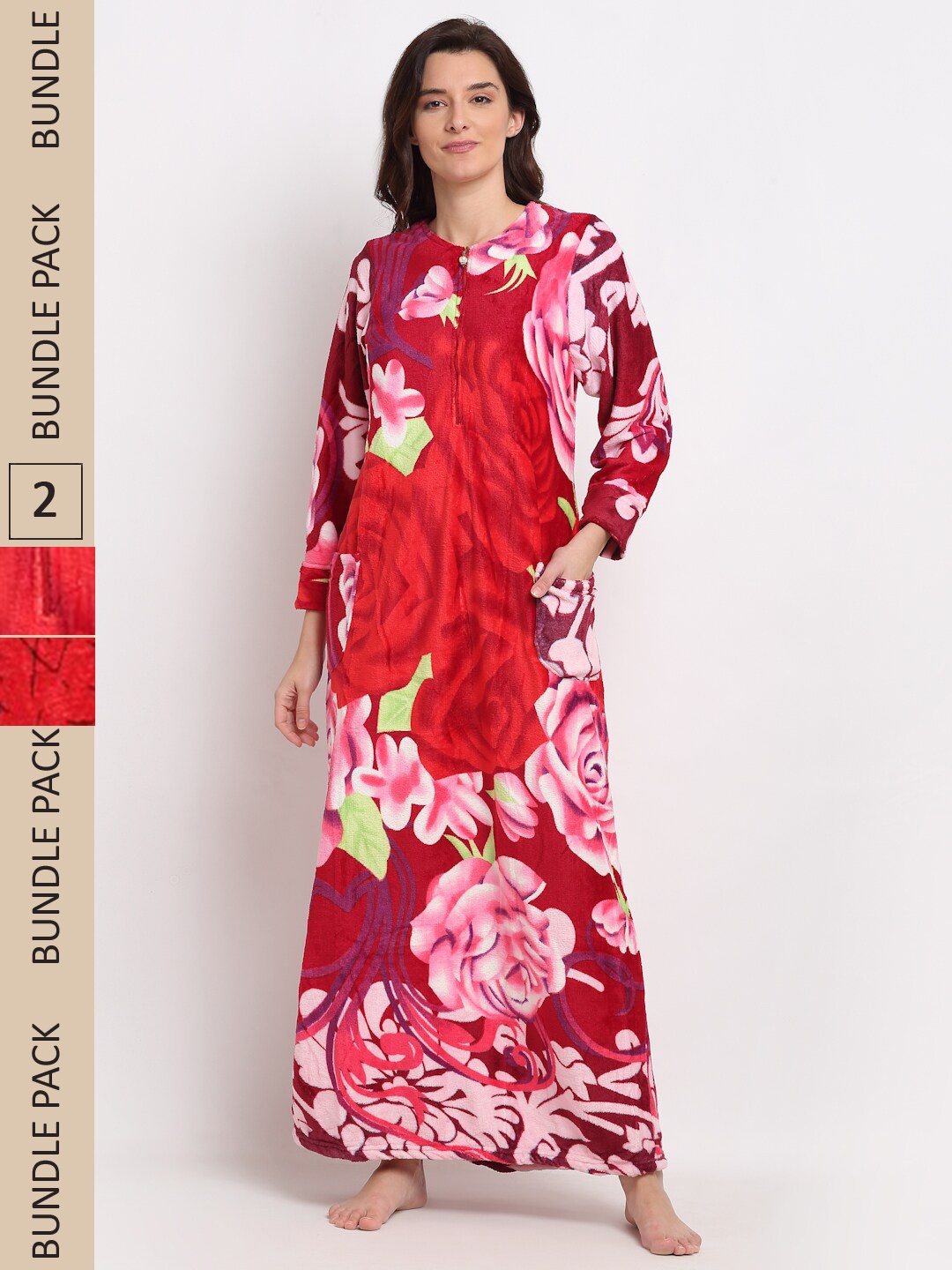 

GRACIT Pack of 2 Printed Fleece Maxi Nightdress, Red