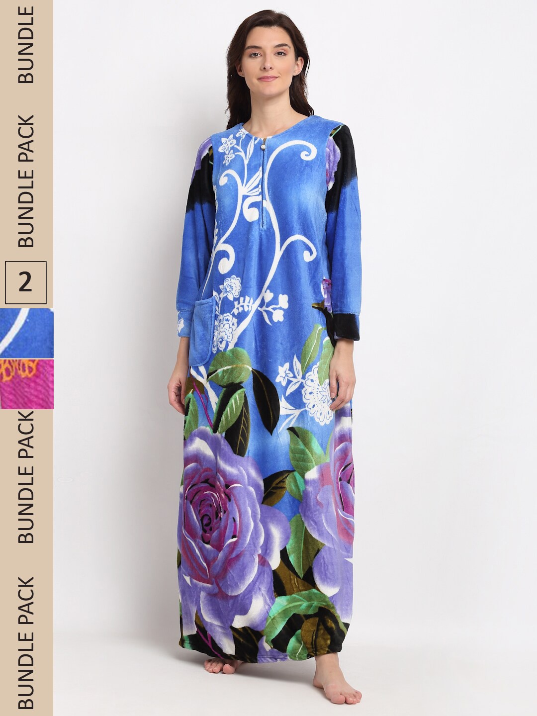 

GRACIT Pack of 2 Printed Fleece Maxi Nightdress, Blue