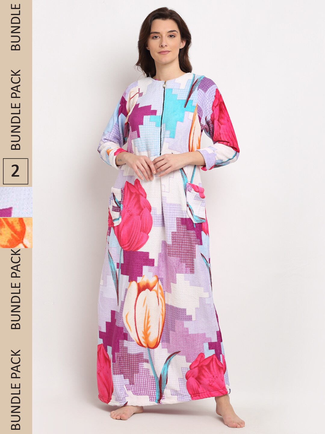 

GRACIT Pack of 2 Printed Fleece Maxi Nightdress, White