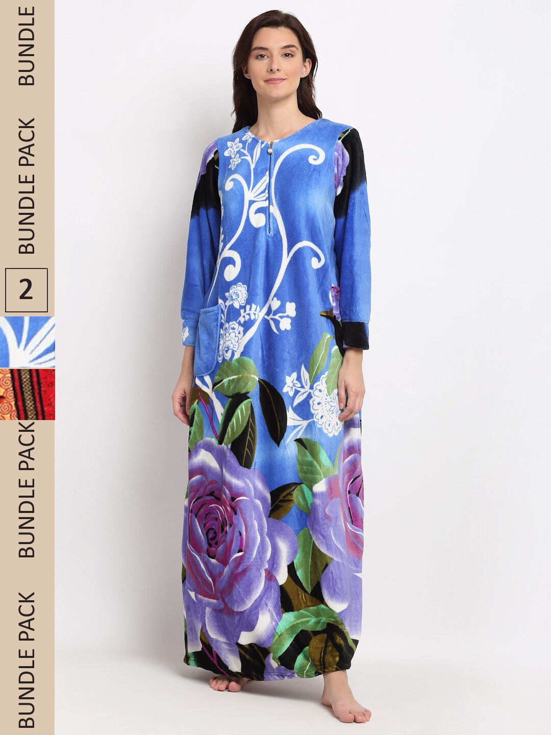 

GRACIT Pack of 2 Printed Fleece Maxi Nightdress, Blue