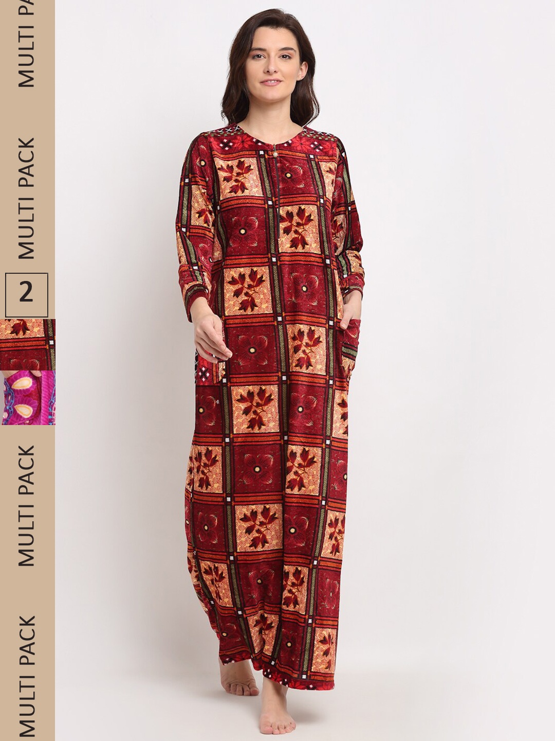 

GRACIT Pack of 2 Printed Maxi Nightdress, Maroon