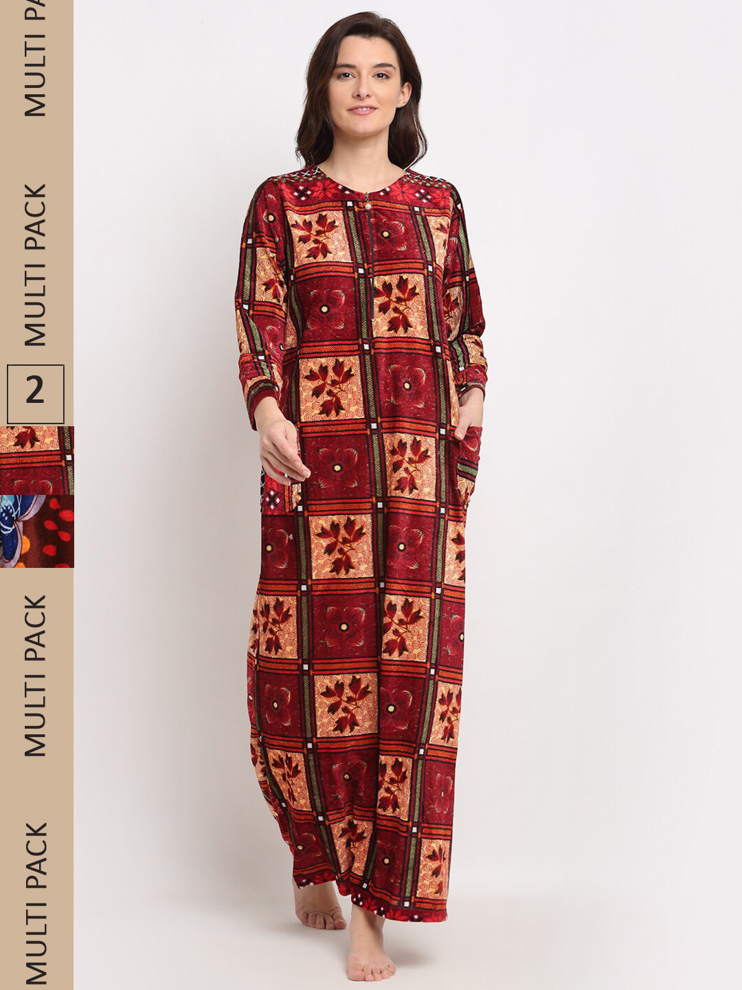 

GRACIT Pack of 2 Printed Maxi Nightdress NSW09 NSW14-S, Maroon