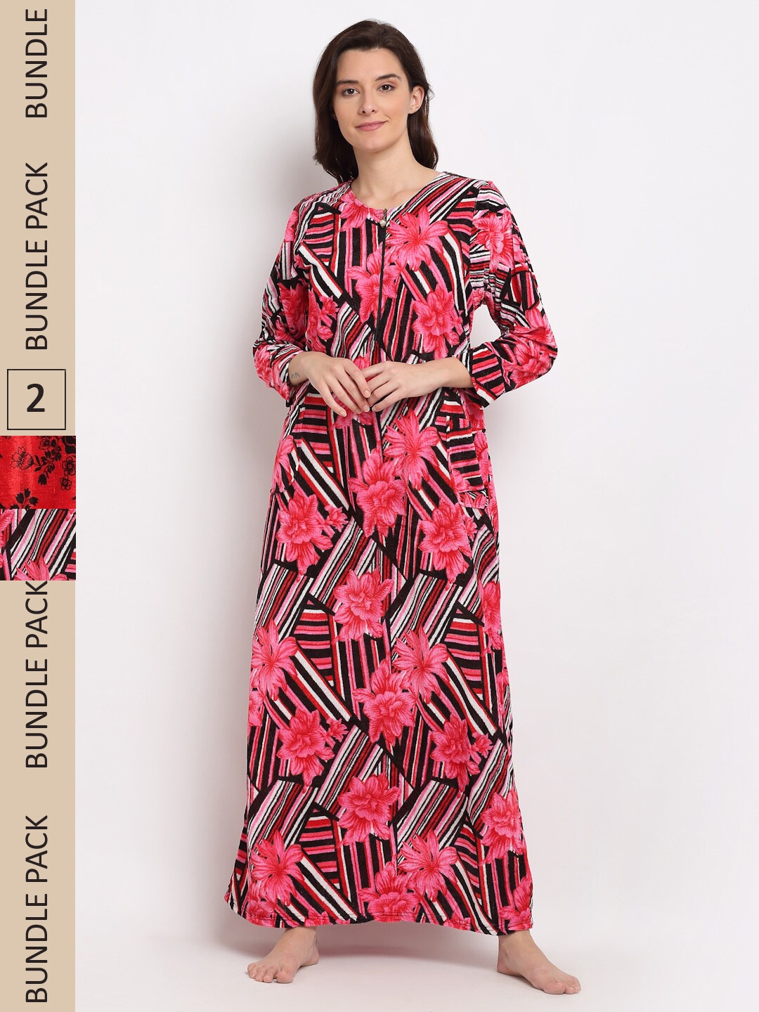 

GRACIT Women Pack Of 2 Floral Printed Maxi Nightdress, Red