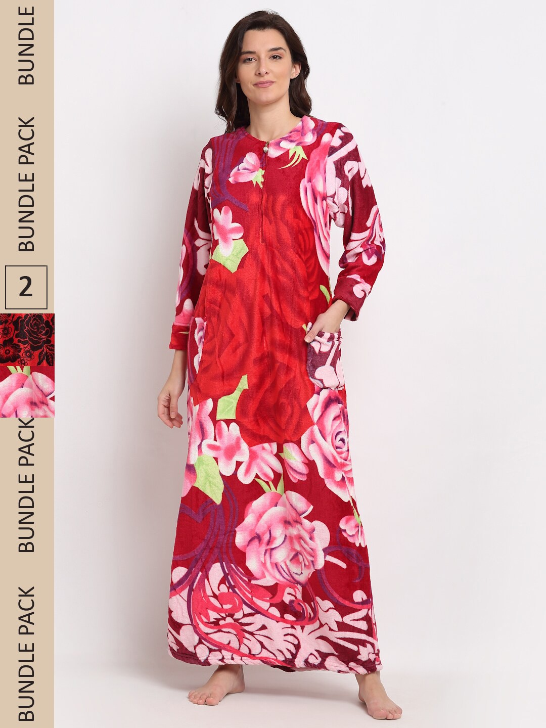

GRACIT Women Pack Of 2 Floral Printed Maxi Nightdress, Red