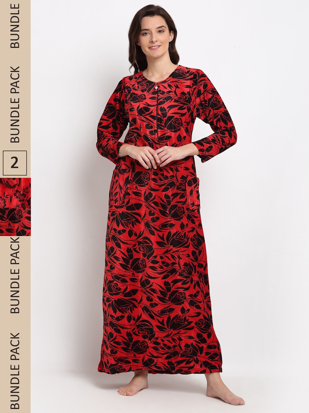 

GRACIT Women Pack Of 2 Floral Printed Maxi Nightdress, Red