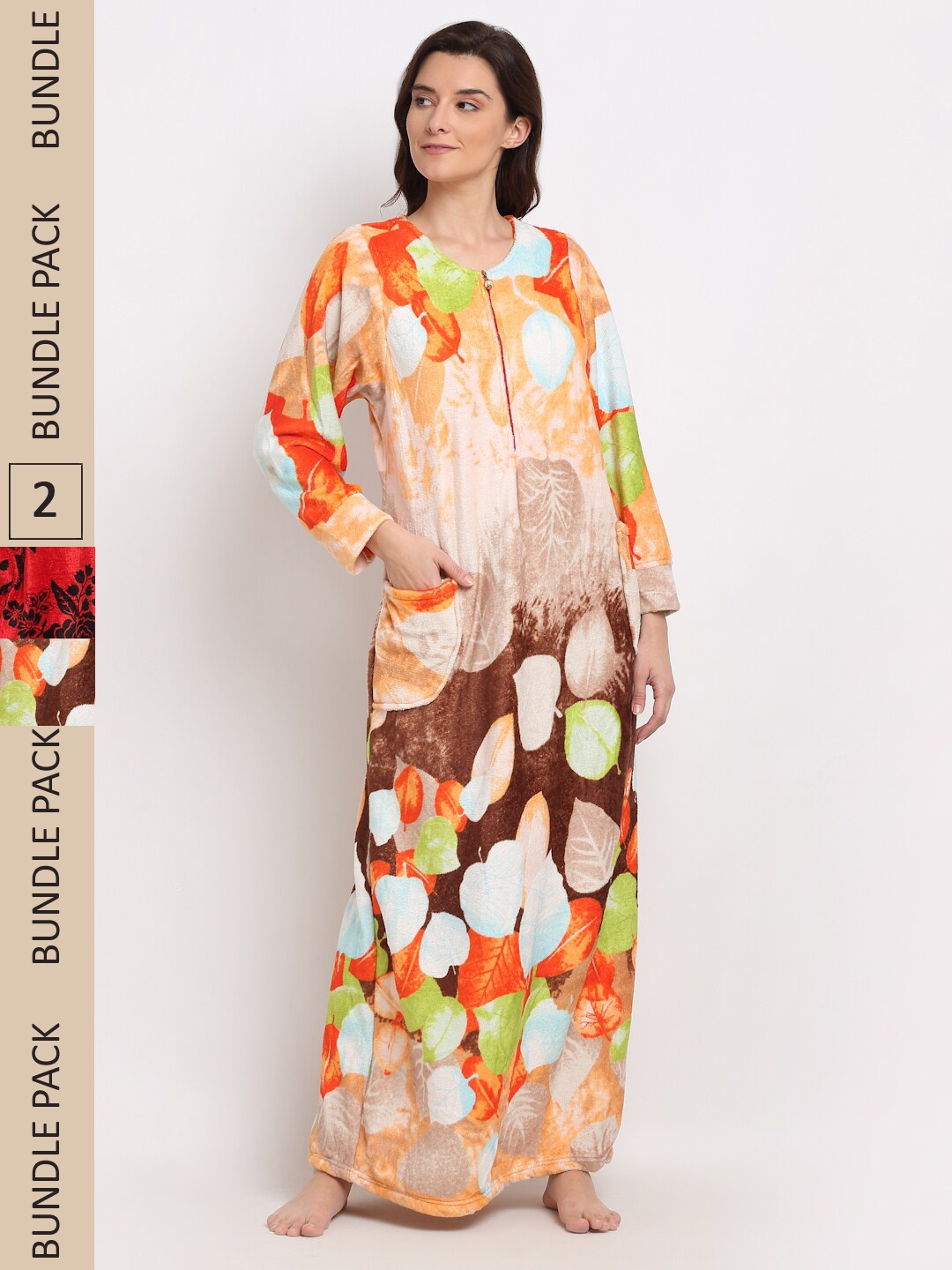 

GRACIT Women Pack Of 2 Floral Printed Maxi Nightdress, Orange