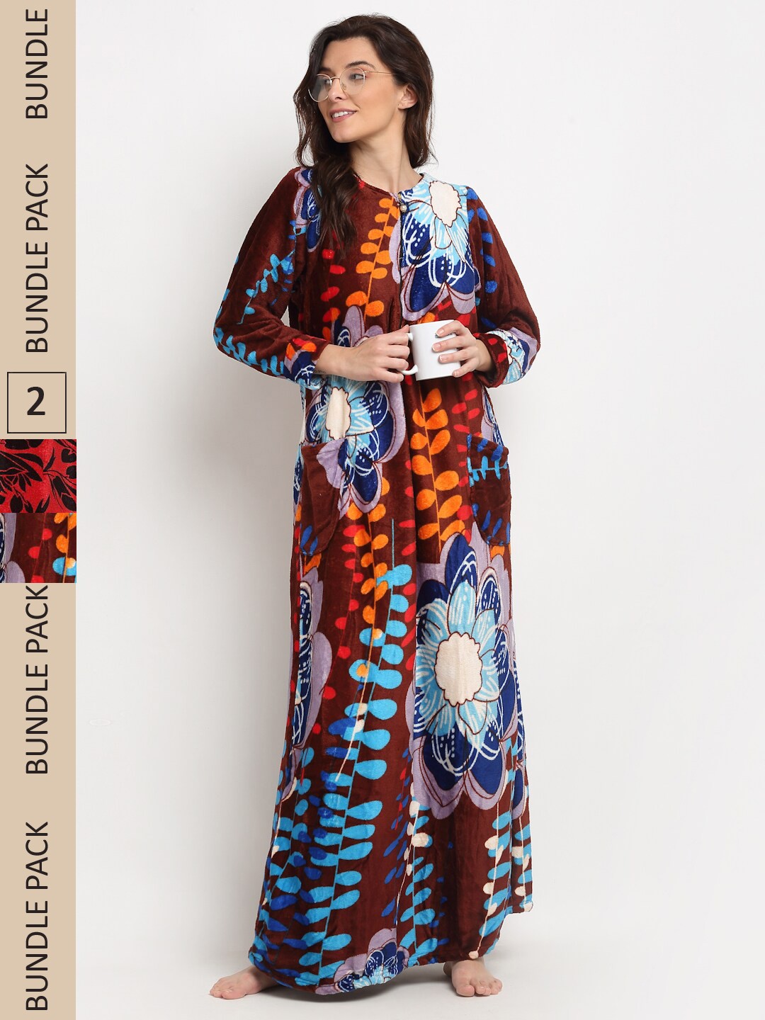 

GRACIT Women Pack Of 2 Floral Printed Maxi Nightdress, Blue