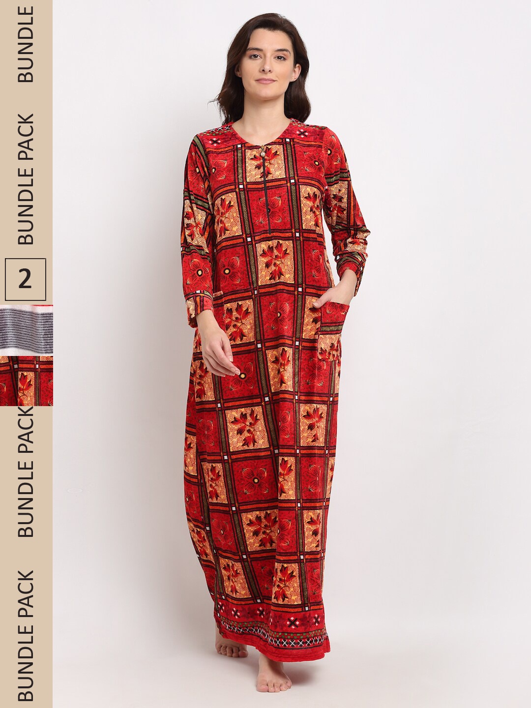

GRACIT Women Pack Of 2 Floral Printed Maxi Nightdress, Red