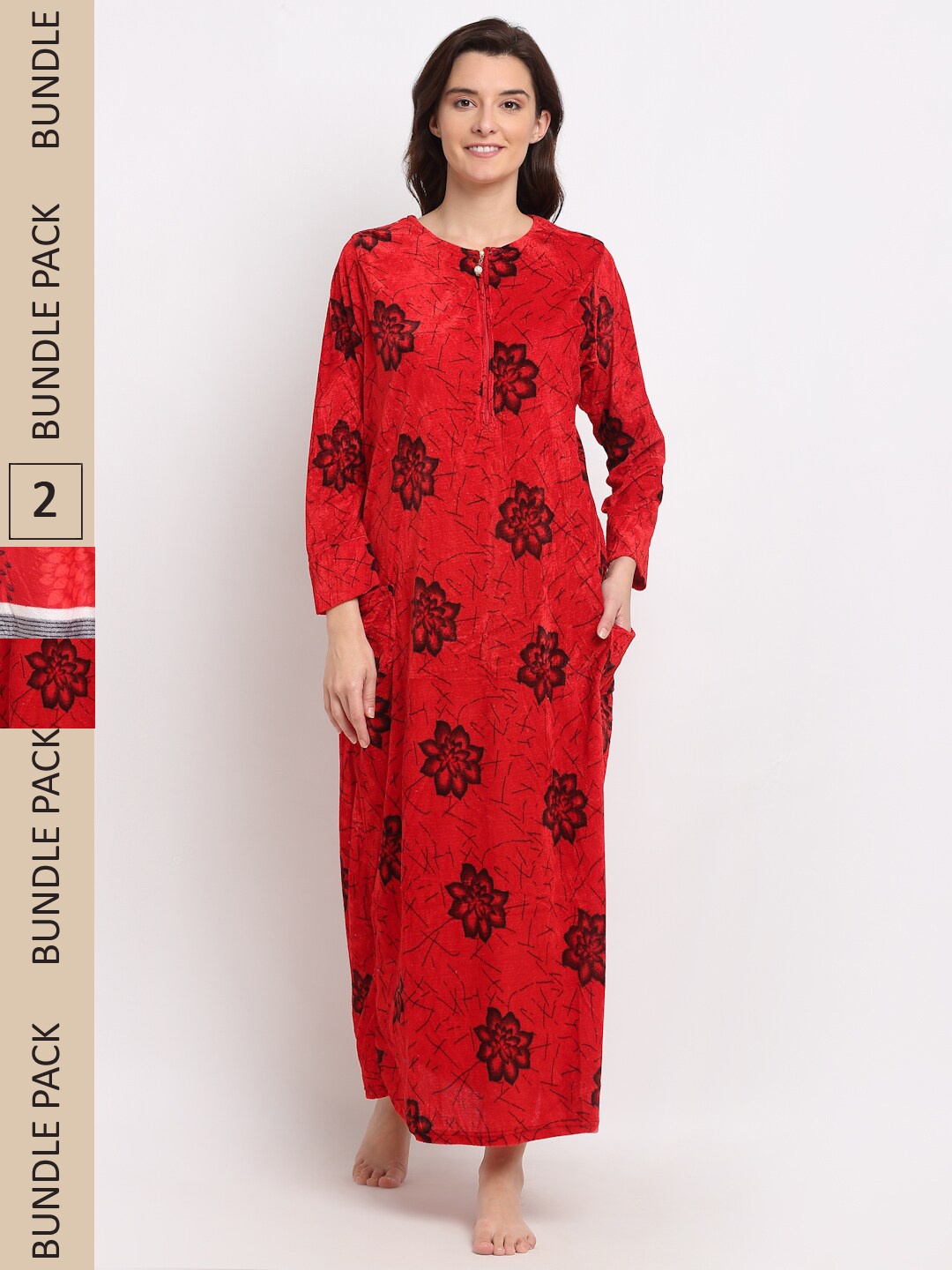 

GRACIT Women Pack Of 2 Floral Printed Maxi Nightdress, Red