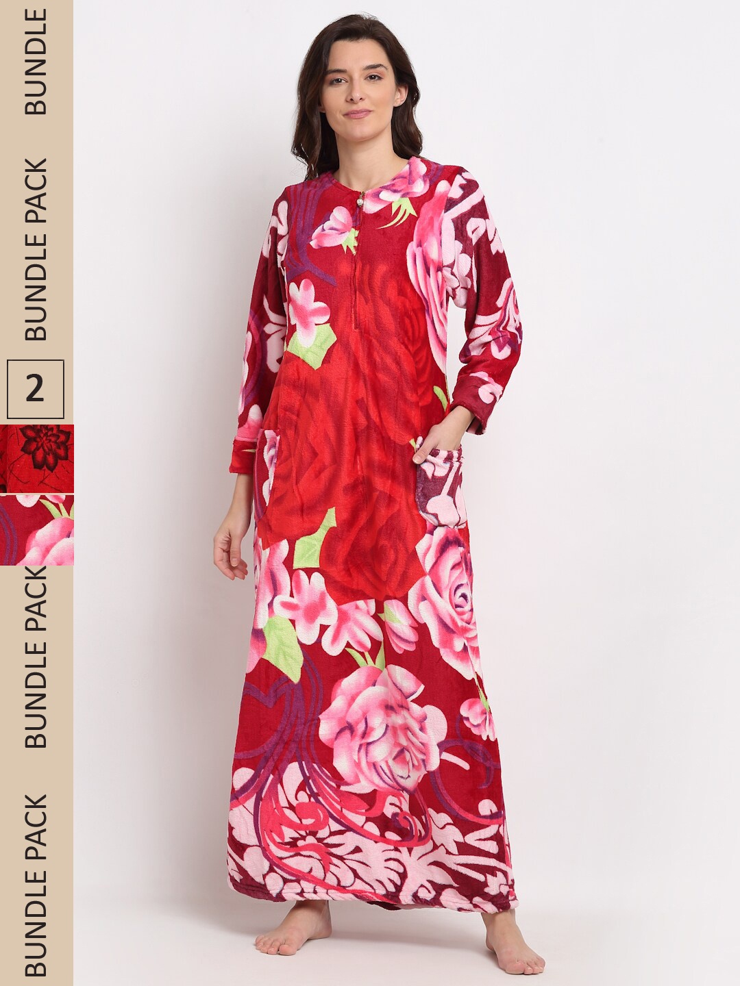 

GRACIT Women Pack Of 2 Floral Printed Maxi Nightdress, Red