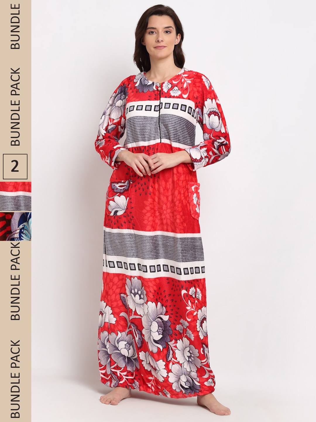 

GRACIT Women Pack Of 2 Floral Printed Maxi Nightdress, Red