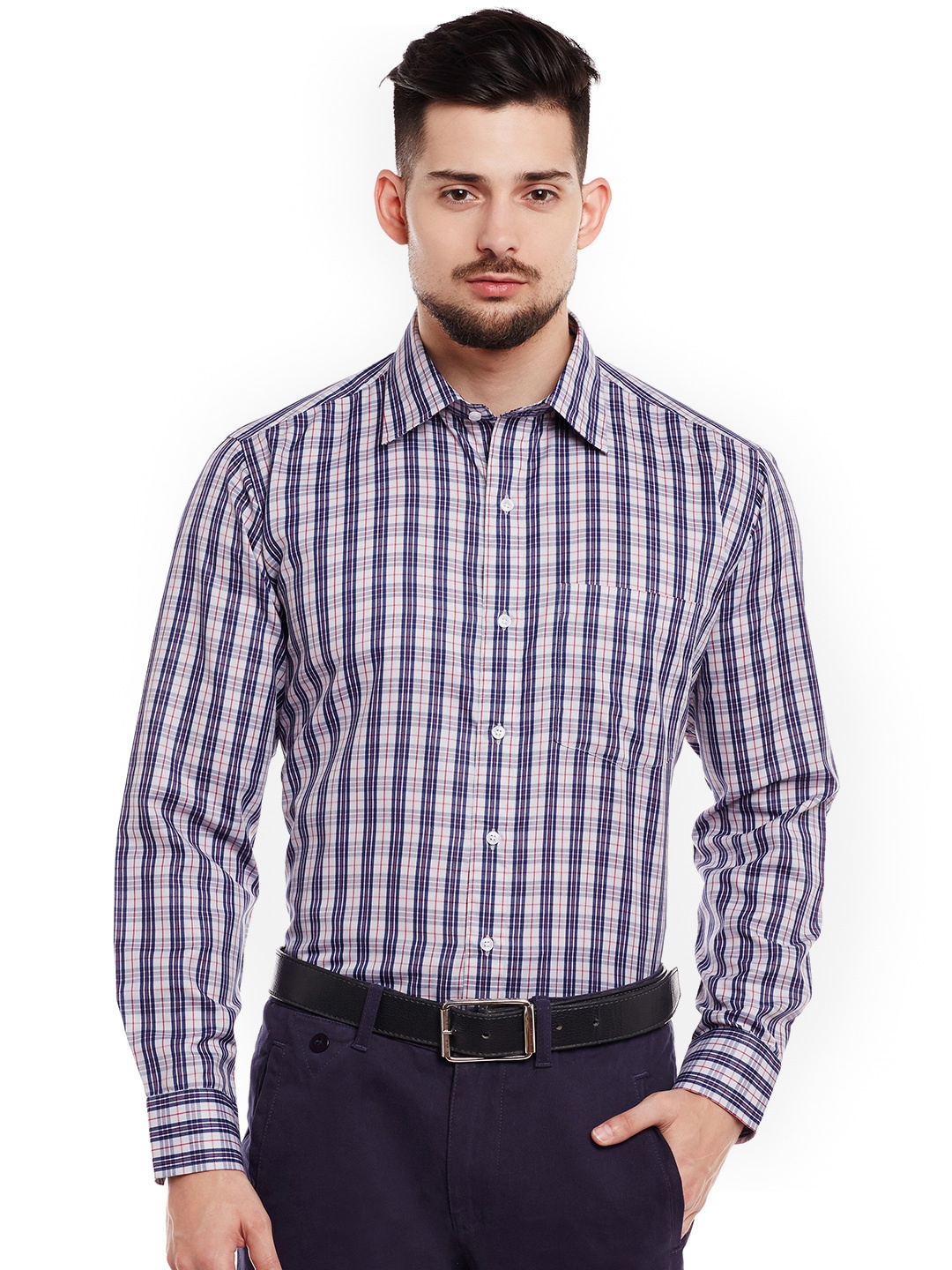

DENNISON Men Grey & Navy Blue Regular Fit Checked Formal Shirt
