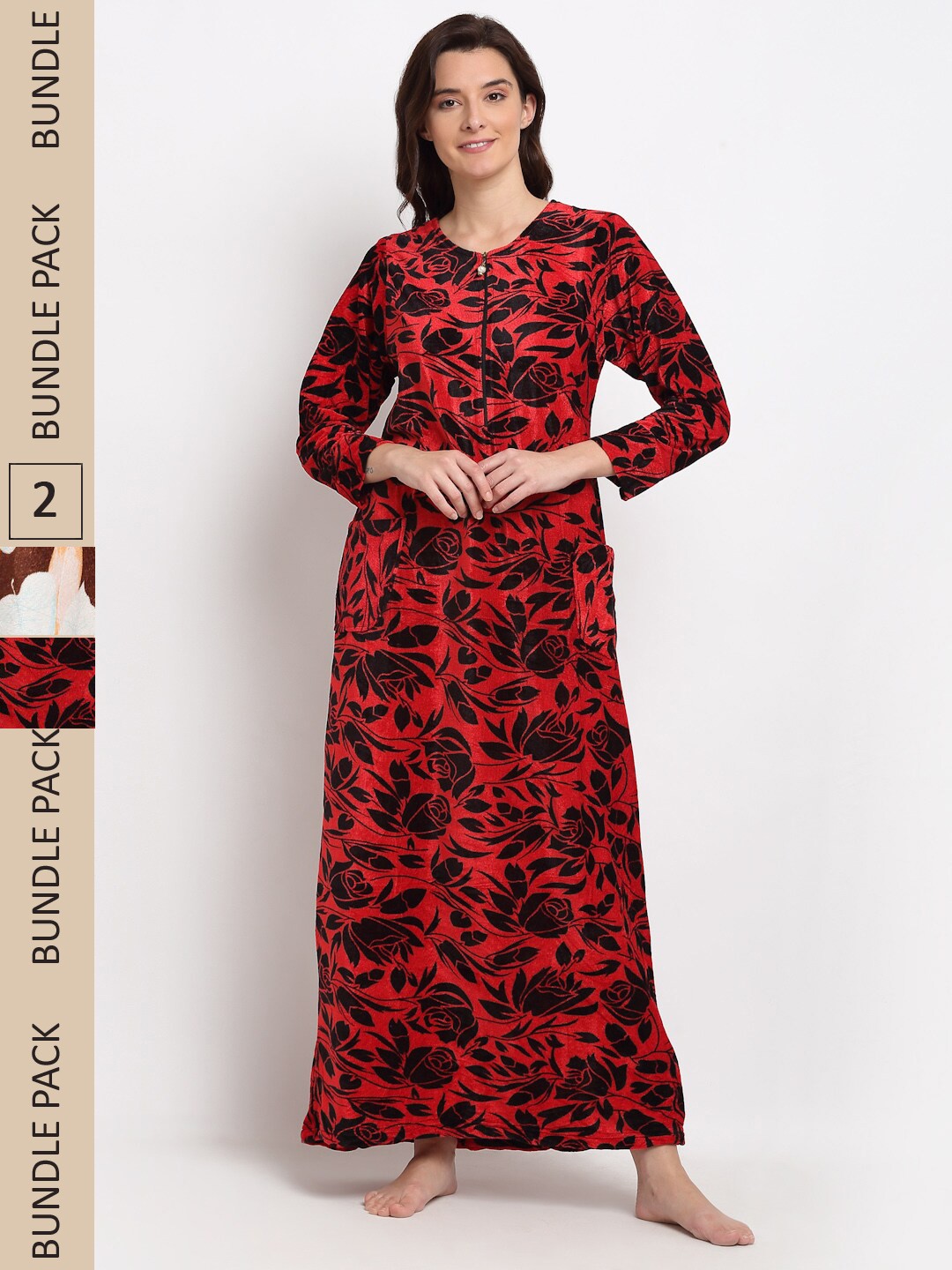 

GRACIT Women Pack Of 2 Floral Printed Maxi Nightdress, Red