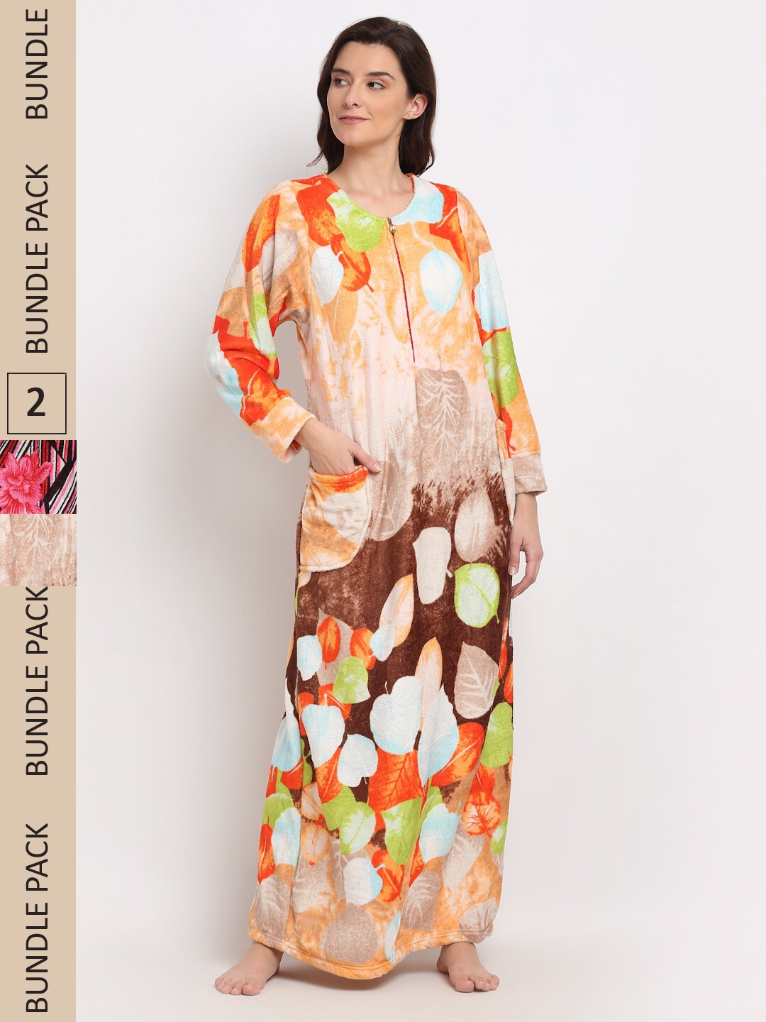

GRACIT Women Pack Of 2 Floral Printed Maxi Nightdress, Orange