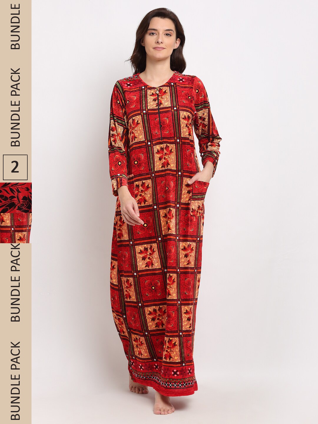 

GRACIT Women Pack Of 2 Floral Printed Maxi Nightdress, Red