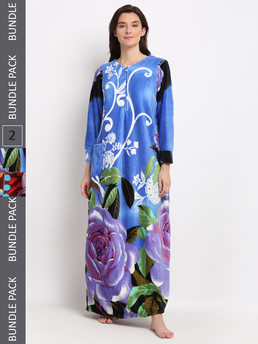 

GRACIT Women Pack Of 2 Floral Printed Fleece Maxi Nightdress, Blue