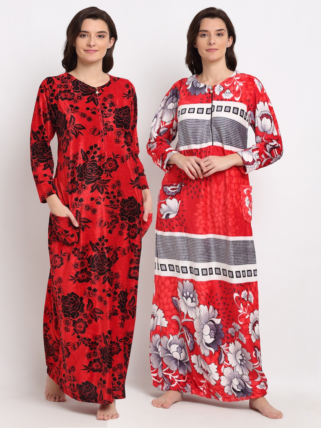 

GRACIT Women Pack Of 2 Floral Printed Fleece Maxi Nightdress, Red