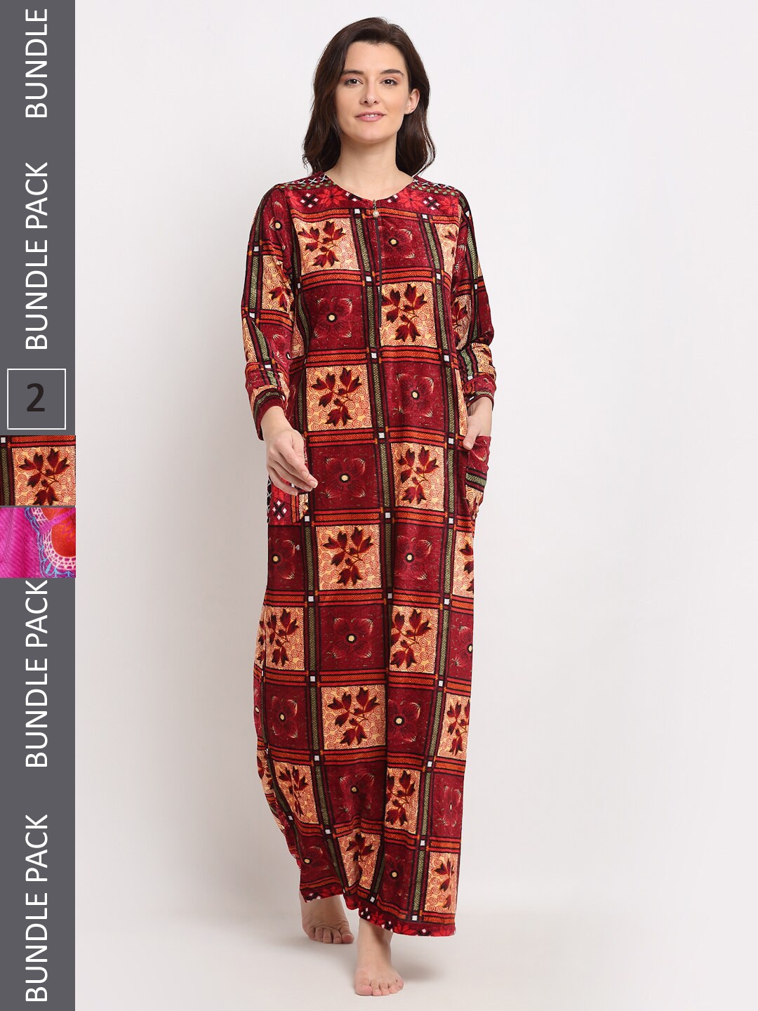 

GRACIT Women Pack Of 2 Floral Printed Maxi Nightdress, Maroon