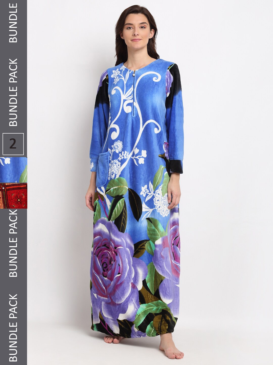 

GRACIT Women Pack Of 2 Floral Printed Fleece Maxi Nightdress, Blue