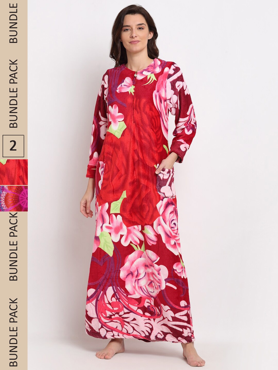 

GRACIT Women Pack Of 2 Floral Printed Maxi Nightdress, Pink
