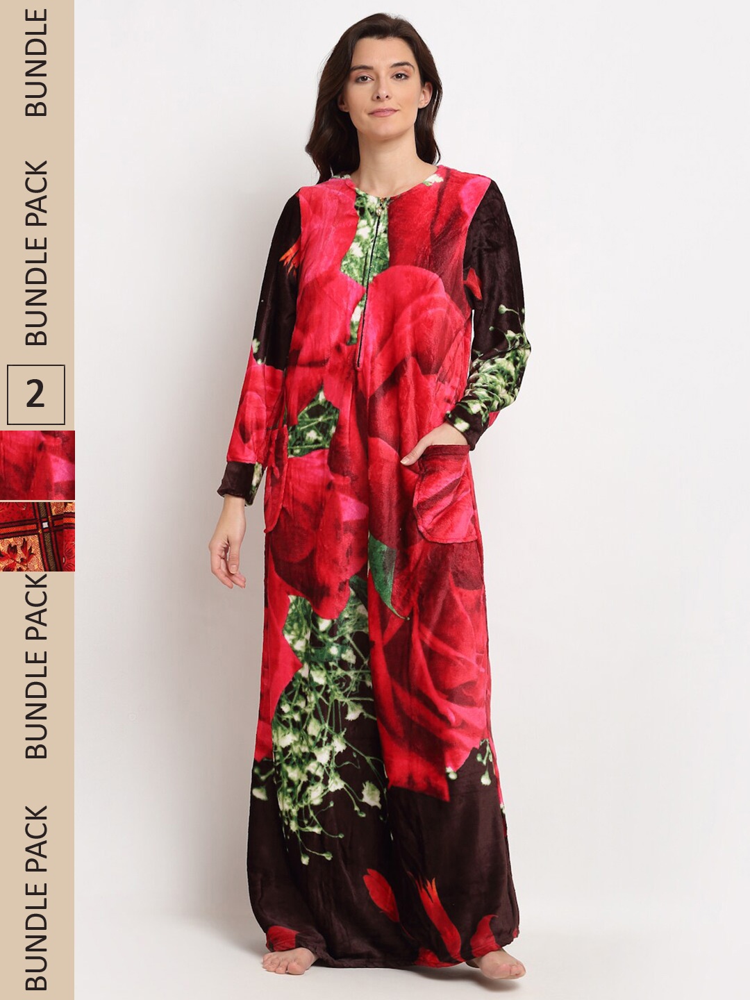

GRACIT Women Pack Of 2 Floral Printed Maxi Nightdress, Red
