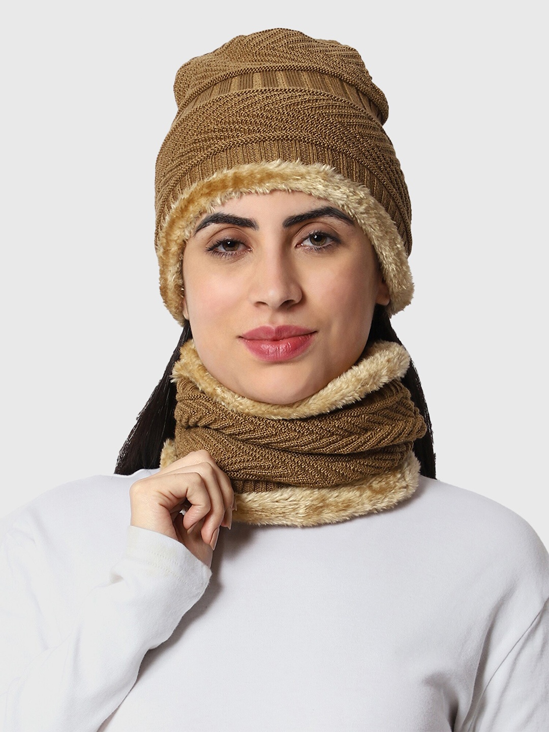 

WEAVERS VILLA Women Acrylic Beanie Cap with Neck Warmer, Beige