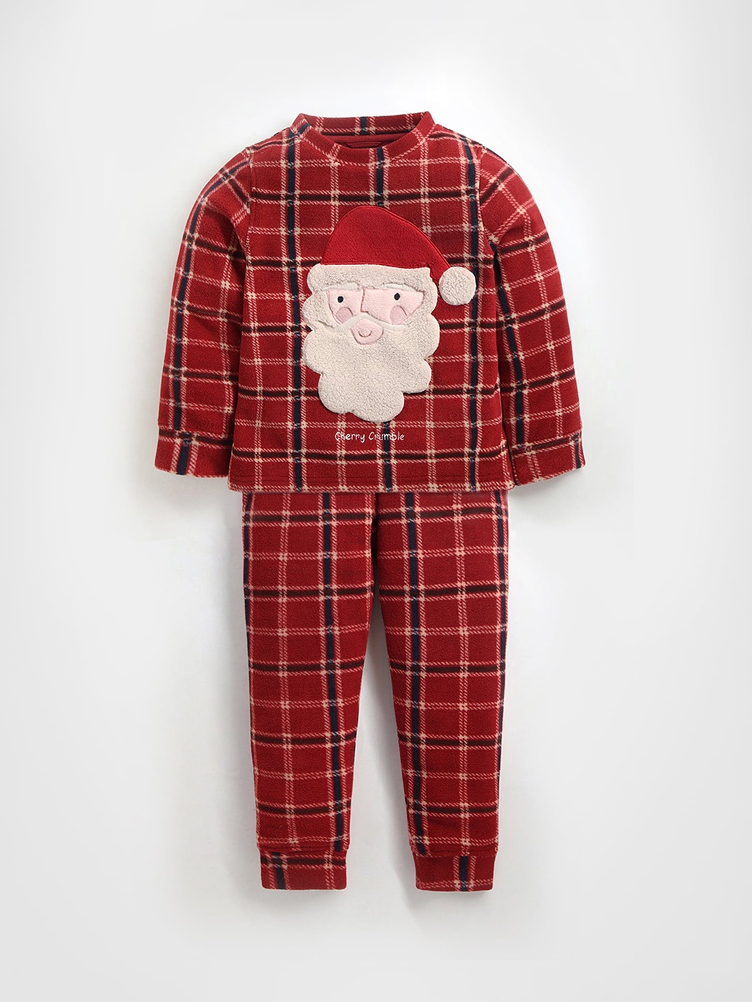 

Cherry Crumble Kids Checked Fleece Night suit, Maroon