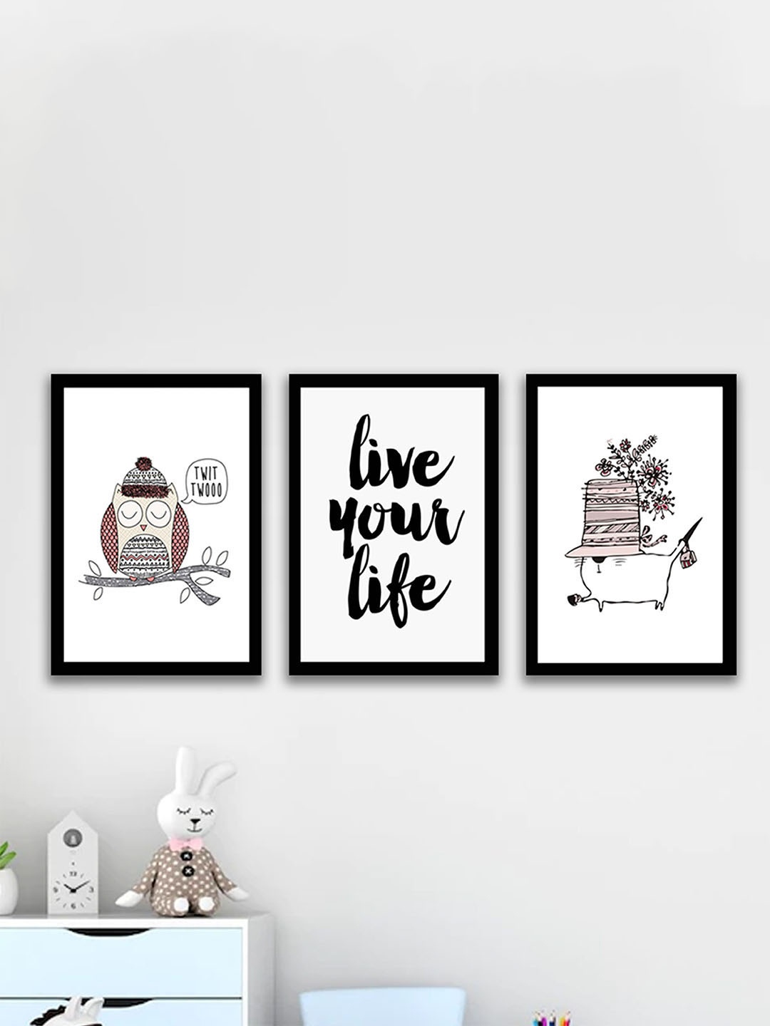 

Art Street Black & White Set Of 3 Live Your Life Owl Framed Wall Art