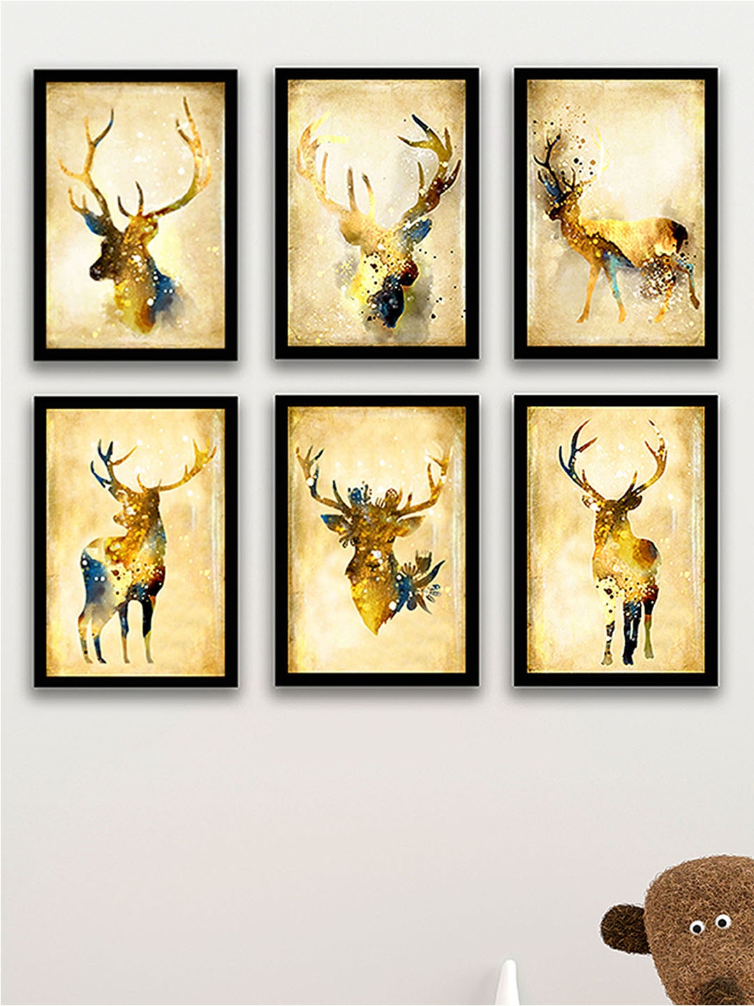 

Art Street Black & Gold-Toned Set Of 6 Deer Painted Framed Wall Art