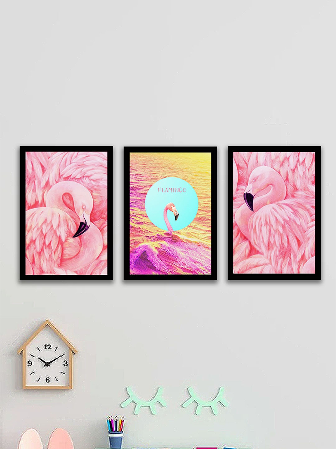 

Art Street Yellow & Pink Set Of 3 Flamingo Paintings Framed Wall Art