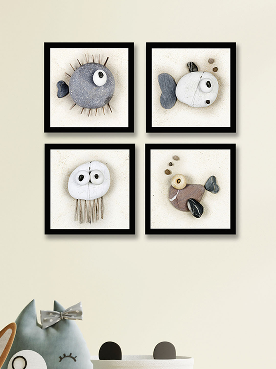 

Art Street Grey and Off White Set Of 4 Nordic Stone Fish Beach Wall Art