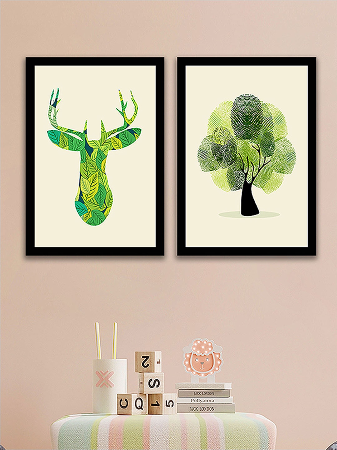 

Art Street Off White & Green Set Of 2 Abstract Tree & Geometric Reindeer Painted Wall Art