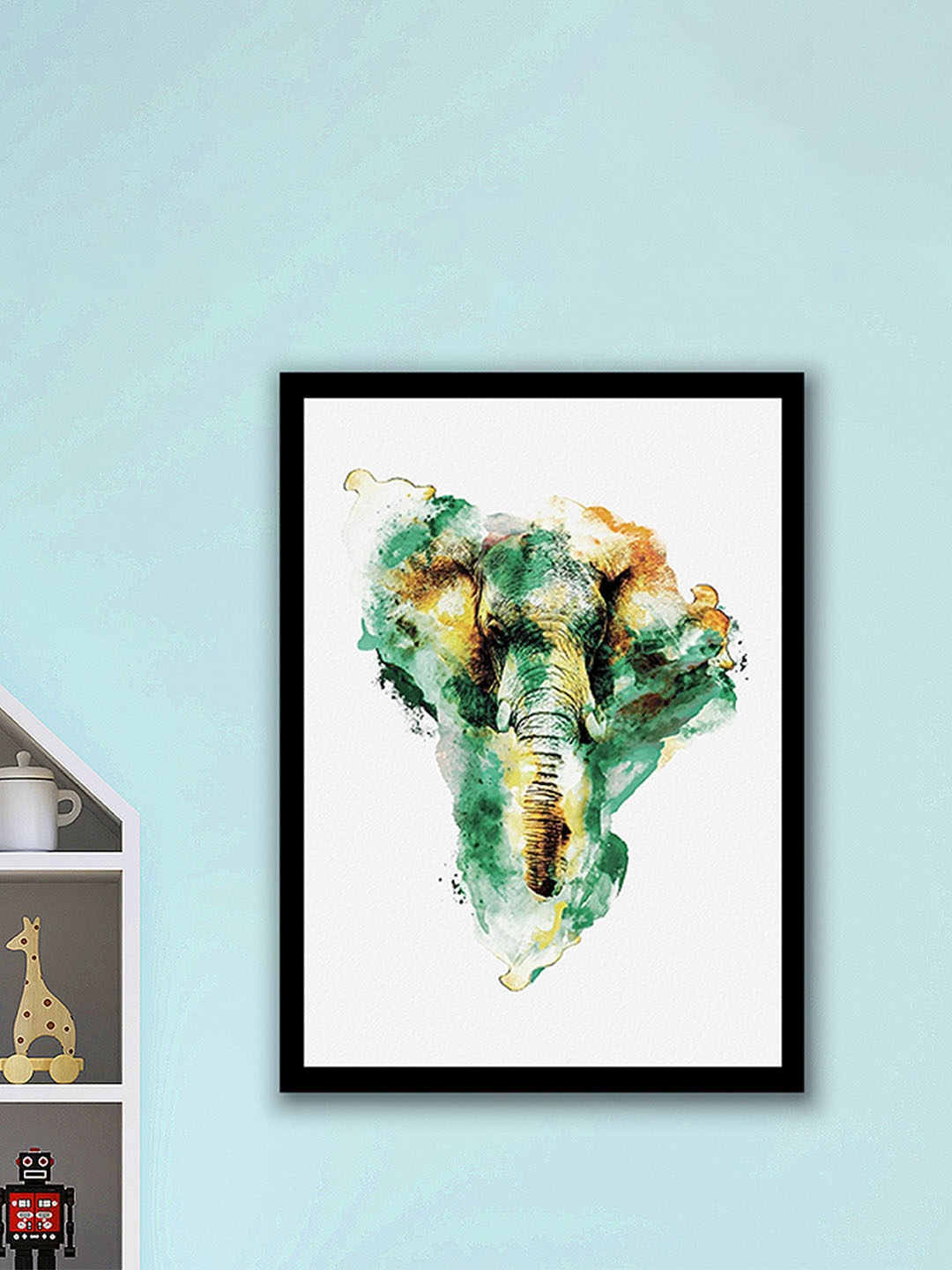 

Art Street Green and Orange Colorful Elephant Abstract Painting Wall Art, White