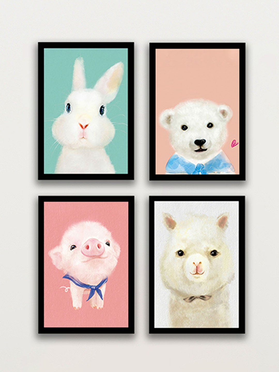 

Art Street White & Peach Set of 4 Cute Pig Bunny Bear Framed Art