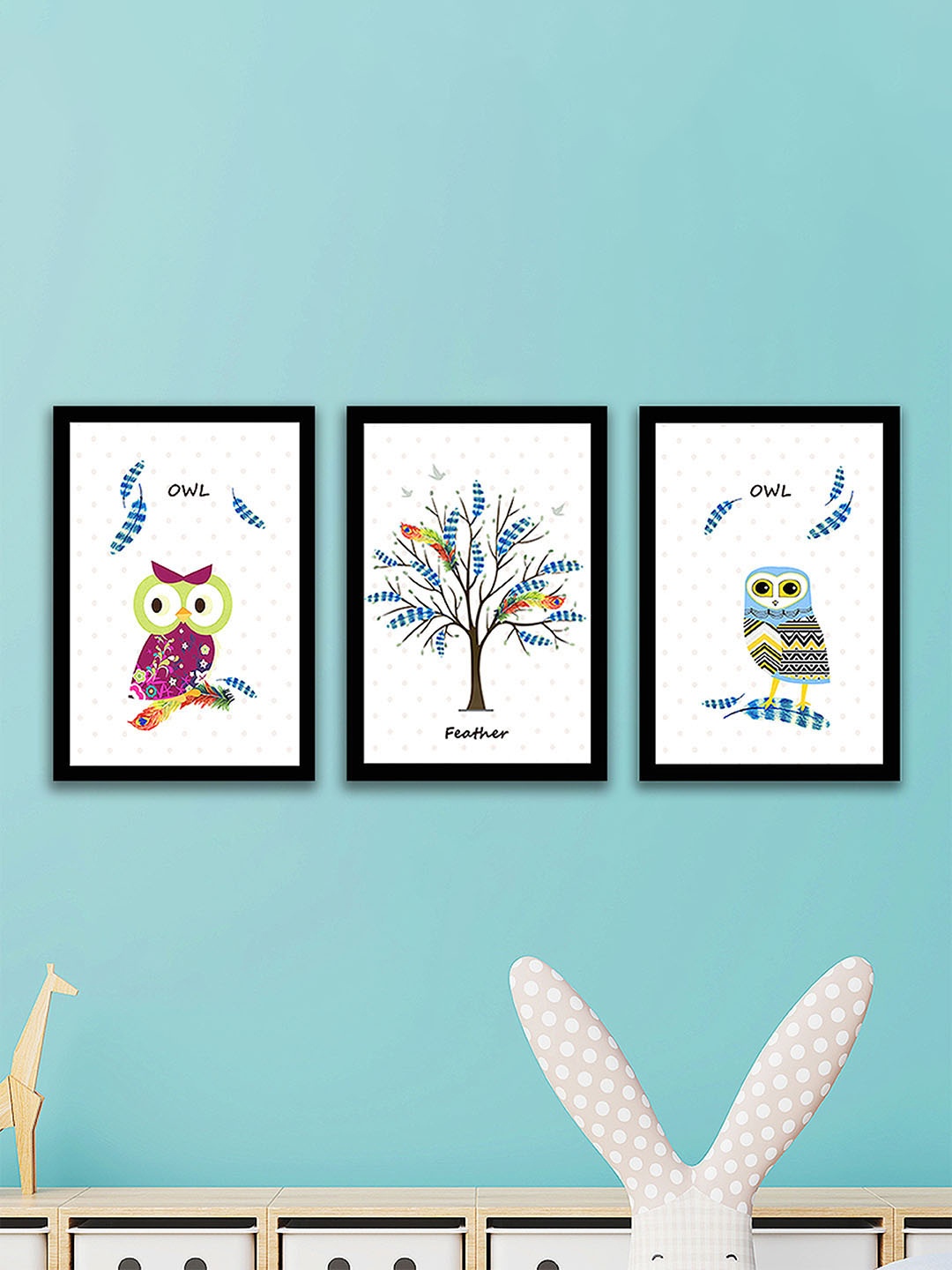 

Art Street White & Blue Set Of 3 Joy Tree Owl Printed Wall Art