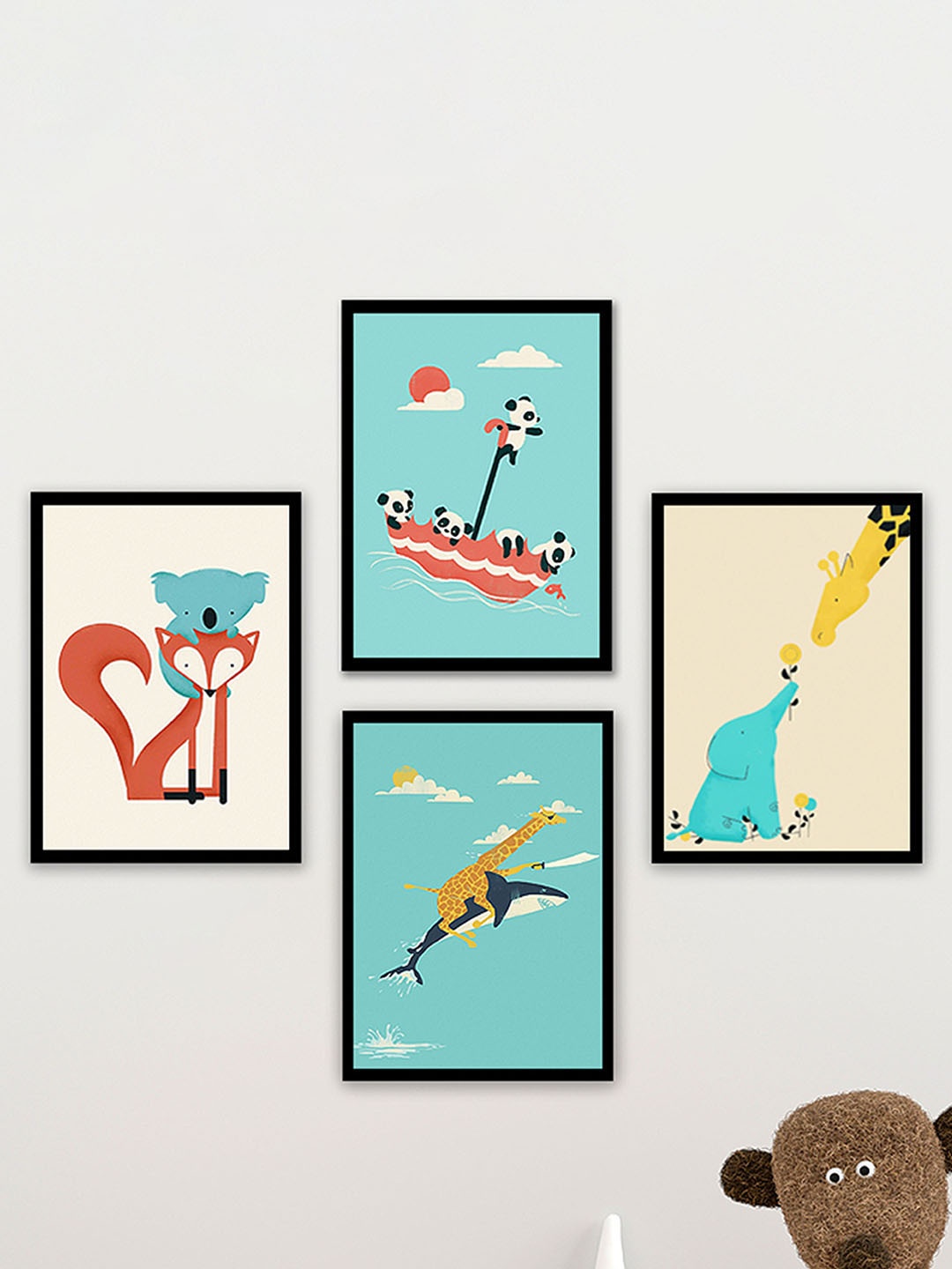 

Art Street Set Of 4 Blue & Red Animals Painted Framed Wall Art