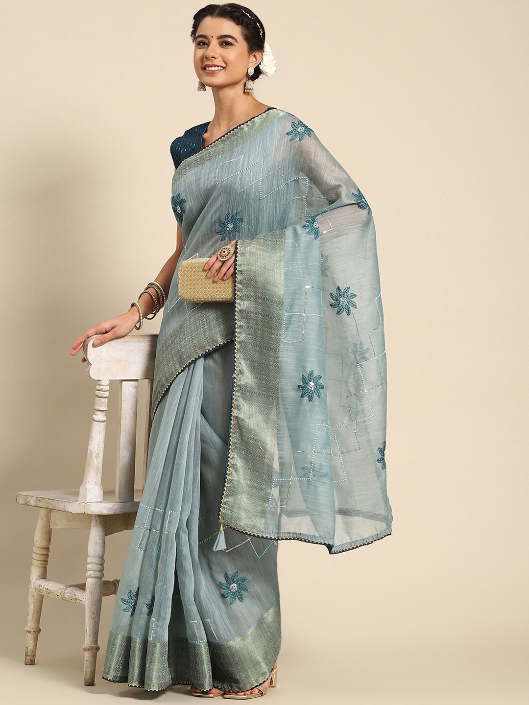 

Mitera Floral Embroidered Saree, Blue