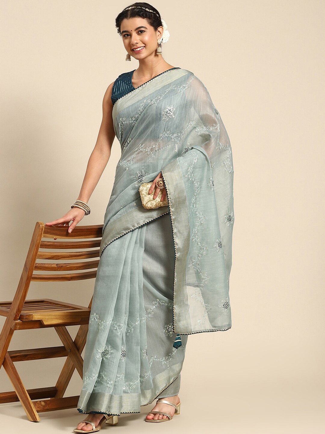 

Mitera Floral Embroidered Saree, Blue