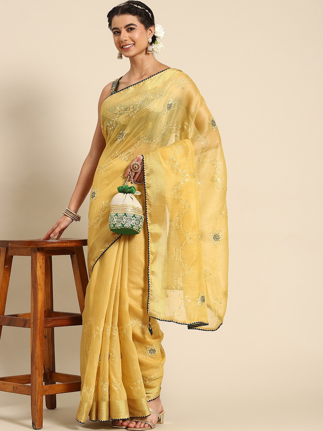 

Mitera Floral Embroidered Saree, Yellow