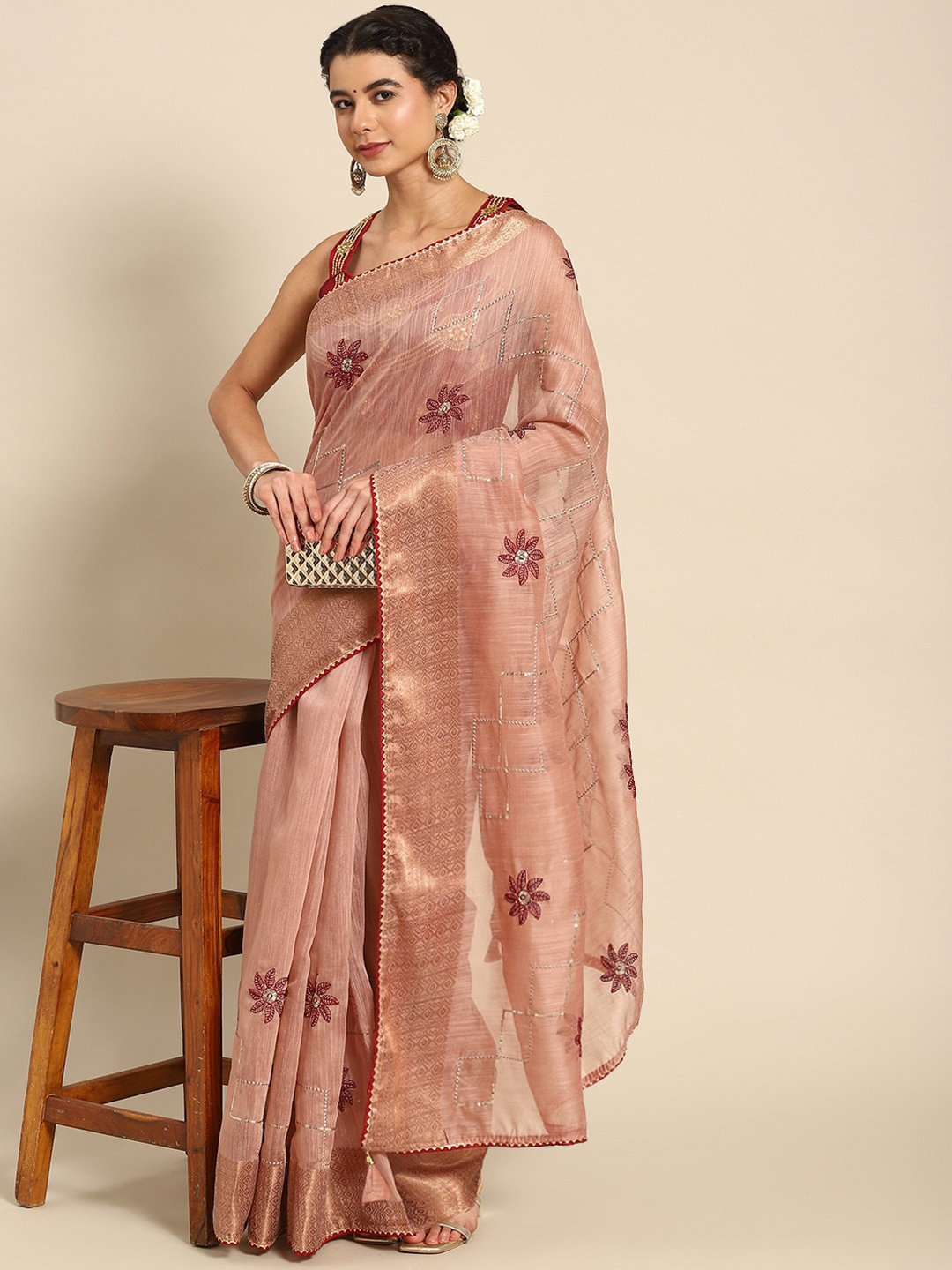 

Mitera Floral Embroidered Saree, Peach