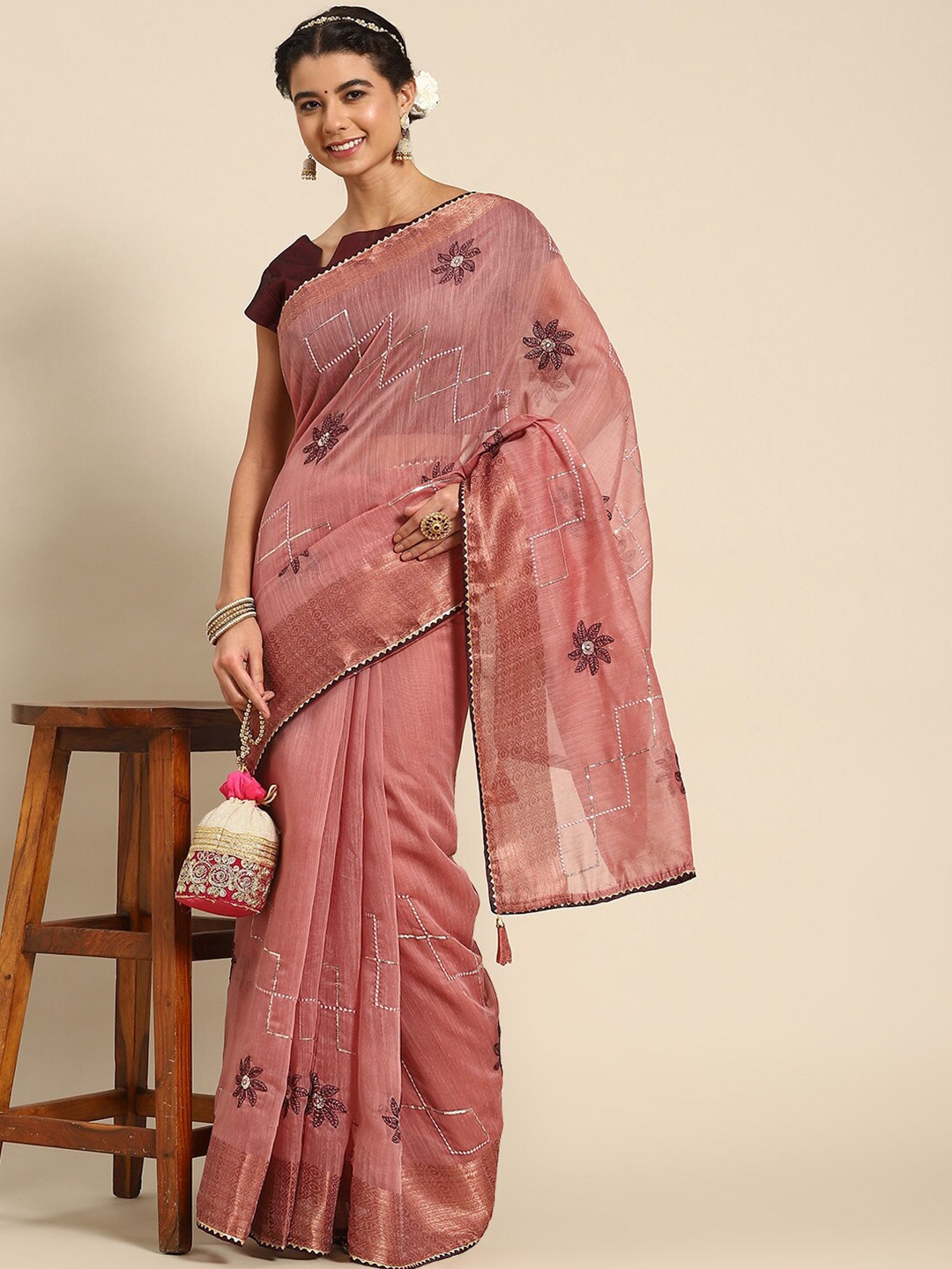 

Mitera Floral Sequinned Saree, Pink