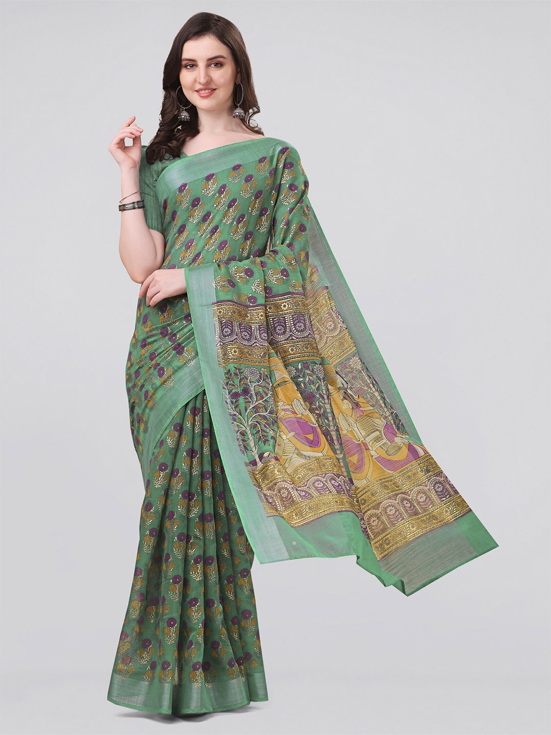 

MIRCHI FASHION Ethnic Motifs Print Zari Saree, Olive