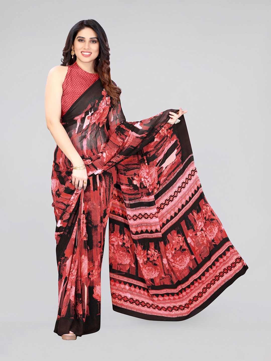 

MIRCHI FASHION Floral Print Saree, Black