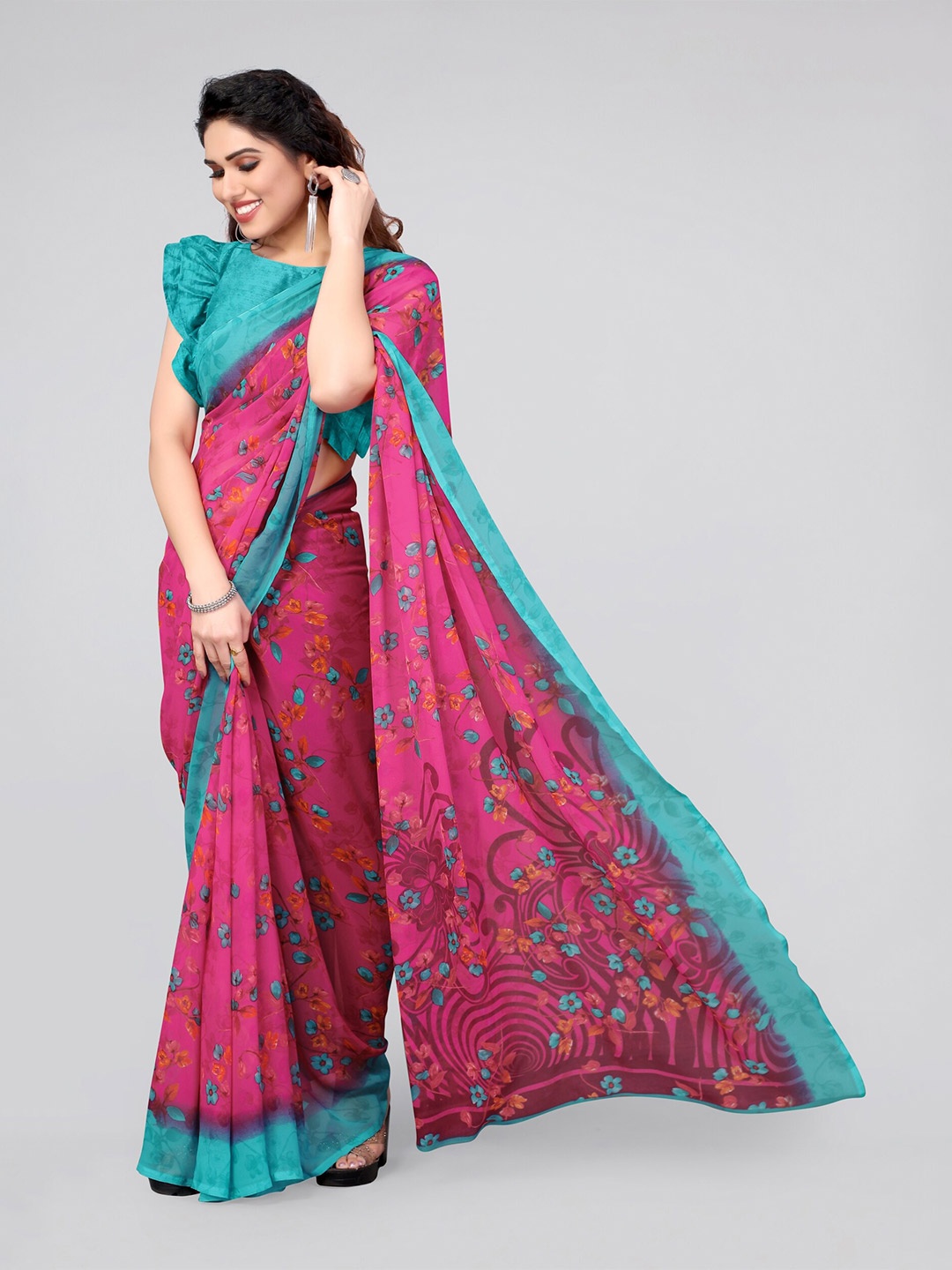 

MIRCHI FASHION Floral Print Saree, Pink