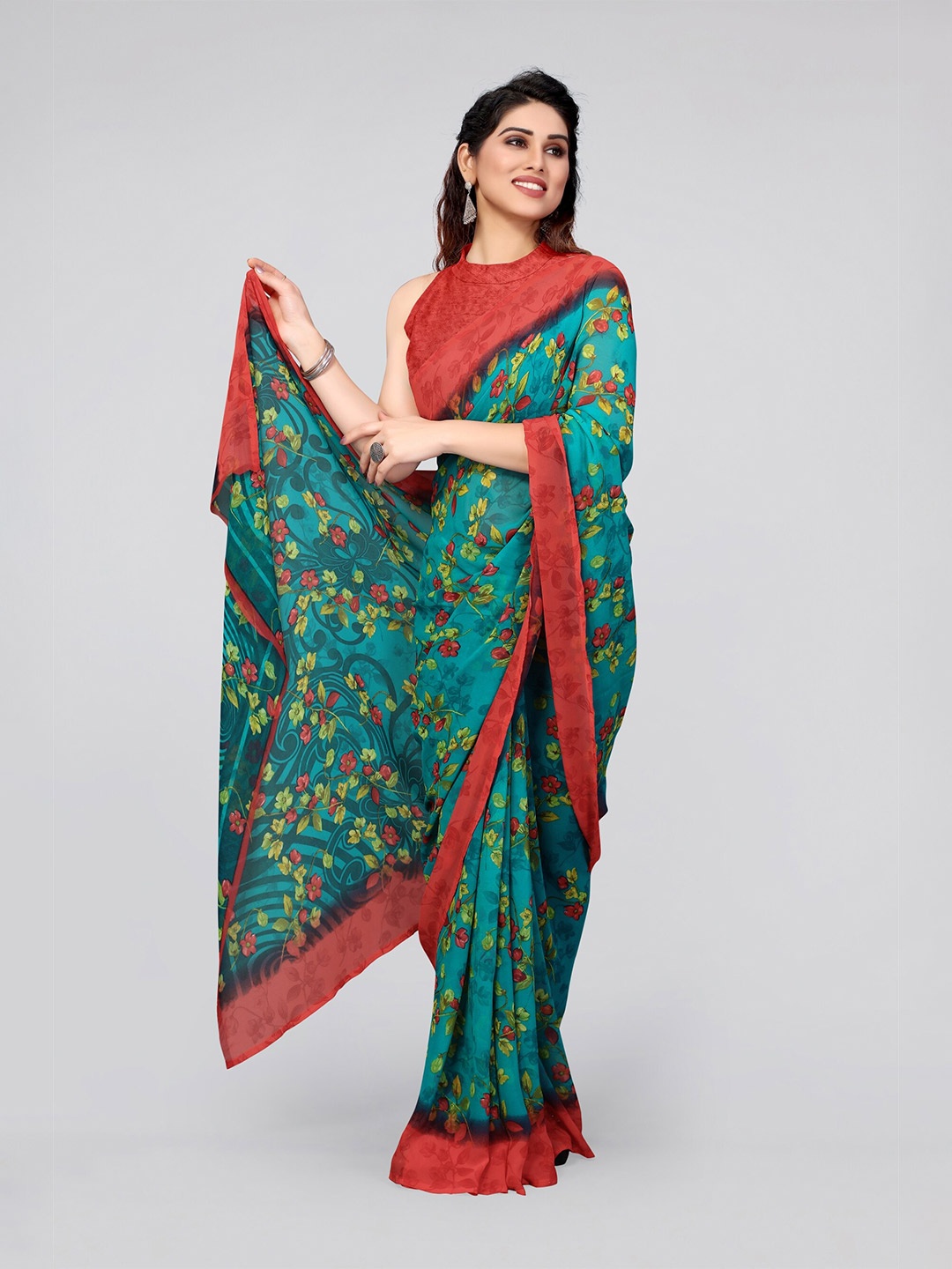 

MIRCHI FASHION Turquoise Blue & Red Floral Saree