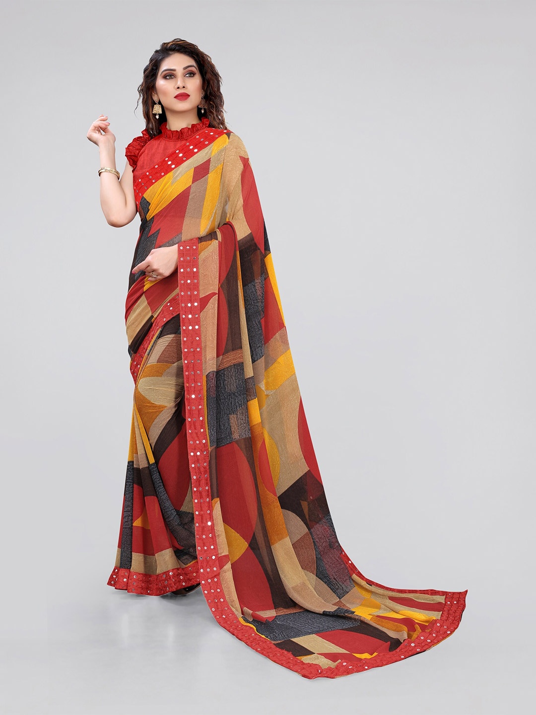 

MIRCHI FASHION Embellished border Saree, Beige