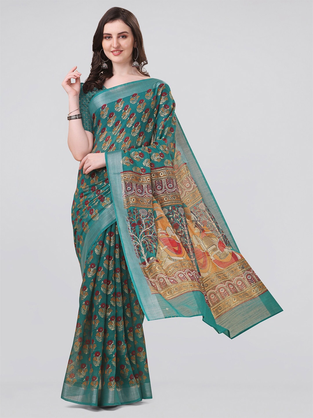 

MIRCHI FASHION Printed Floral Saree, Turquoise blue