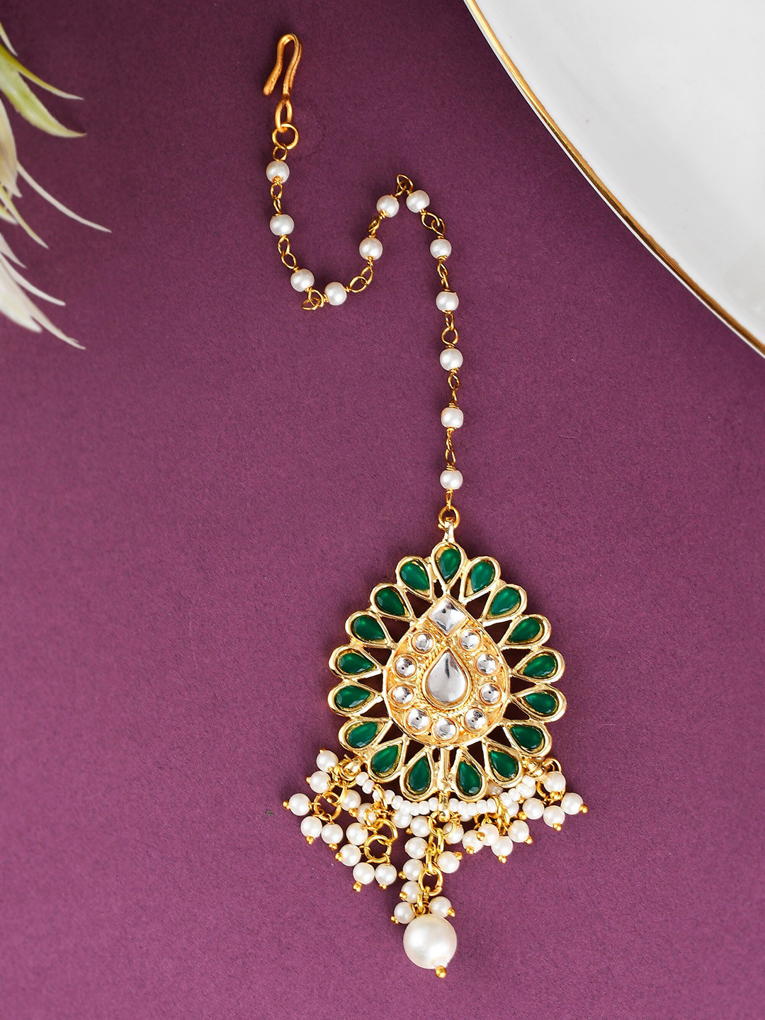 

DASTOOR Gold-Plated Kundan-Studded & Pearl Beaded Maang Tikka