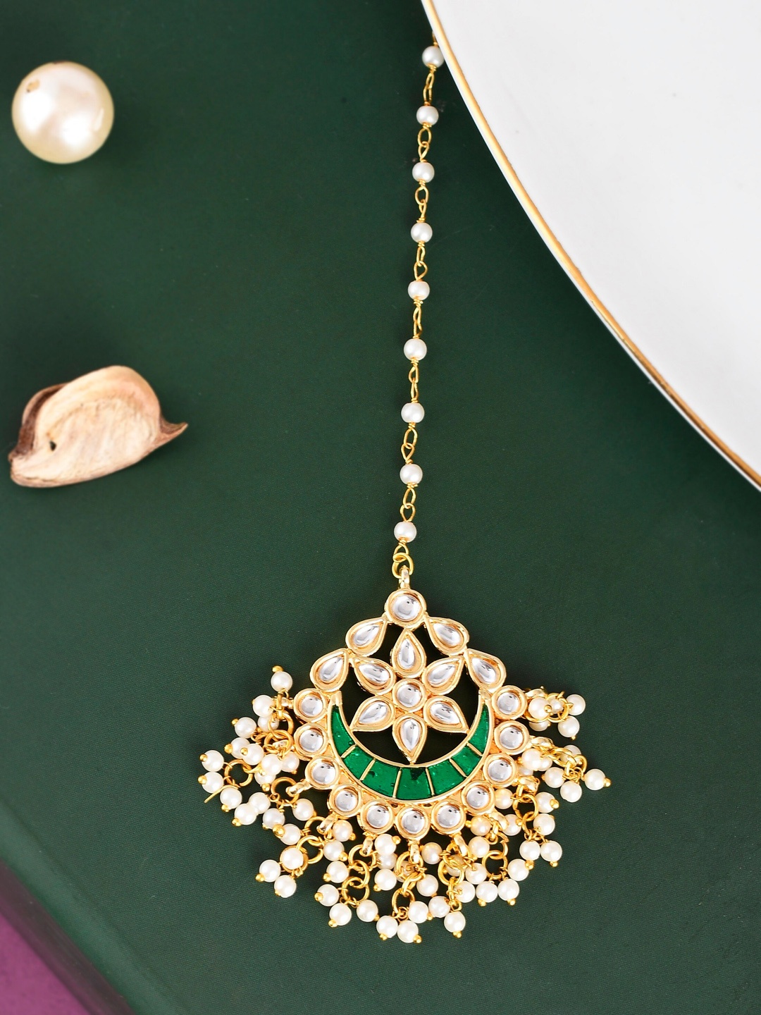 

DASTOOR Gold-Plated Kundan Studded & Pearl Beaded Head Jewellery